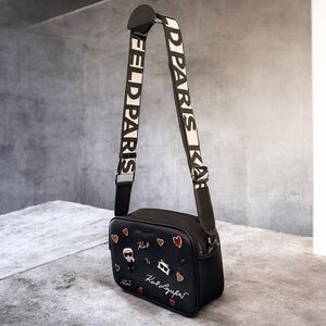 Karl Lagerfeld Paris Crossbody Camera Bag Black Logo Strap Like New